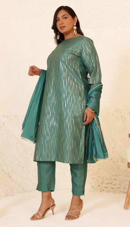 Plus Size Green Poly Silk Kurta With Pant and Dupatta