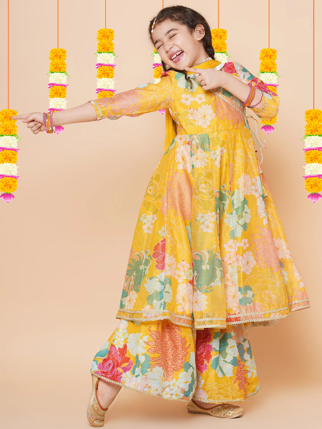 Girls Yellow Multi Floral Angrakha Gotta Patti Kurta Sharara set With Dupatta