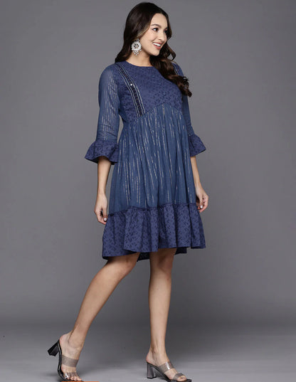 Blue Striped A-Line Ethnic Dress