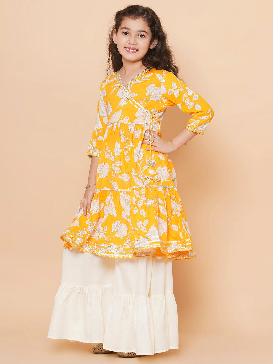 Girls Yellow Floral Printed Angrakha Gotta Patti Kurta With Sharara