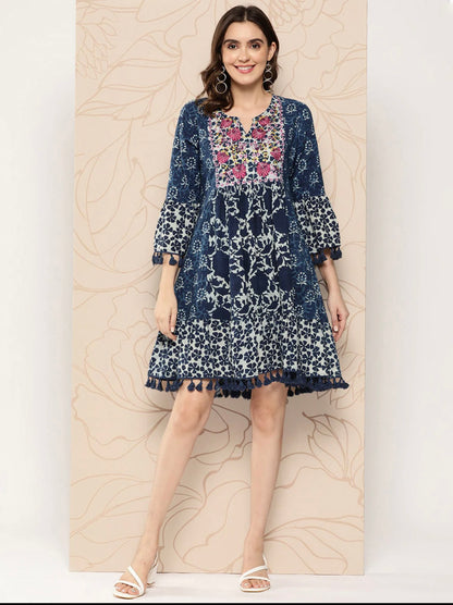 Blue Floral Embroidered Bell Sleeves With Pom-Pom Detail A-Line Dress