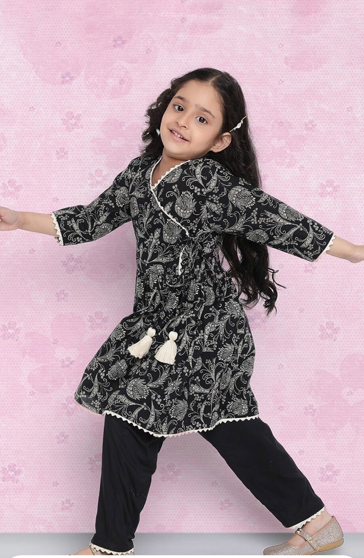 Girls Black Ethnic Motifs Printed Angrakha Gotta Patti Kurta With Trousers