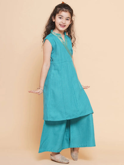 Girls Sea Green Angrakha Kurta With Palazzos