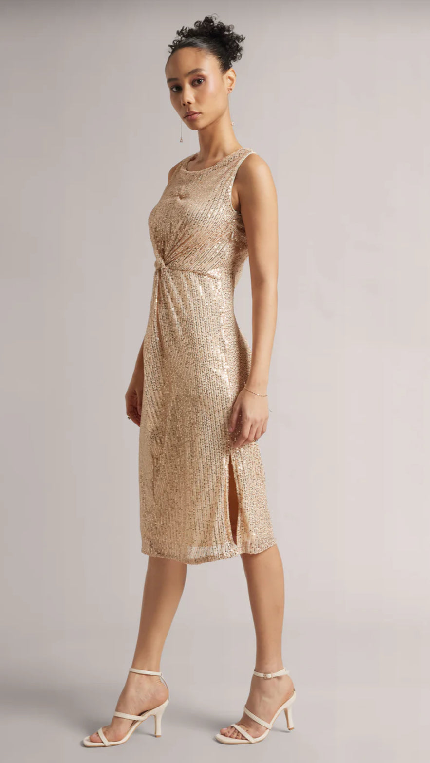 Champagne Poly Elastane Sequined A-Line Dress