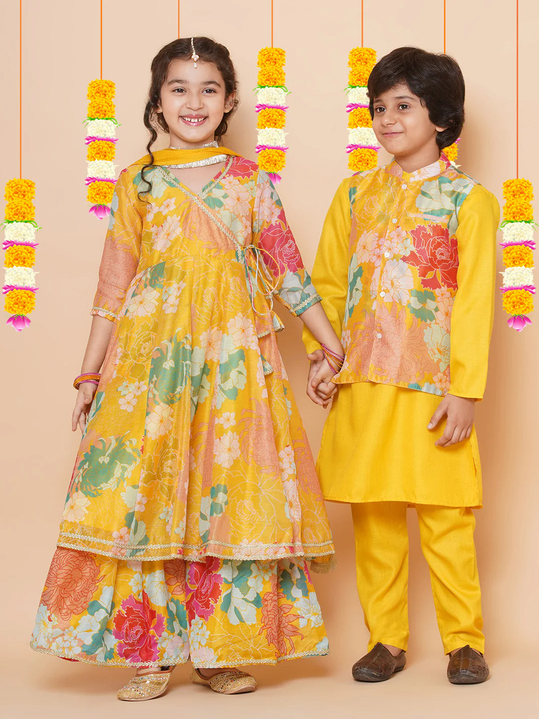 Girls Yellow Multi Floral Angrakha Gotta Patti Kurta Sharara set With Dupatta