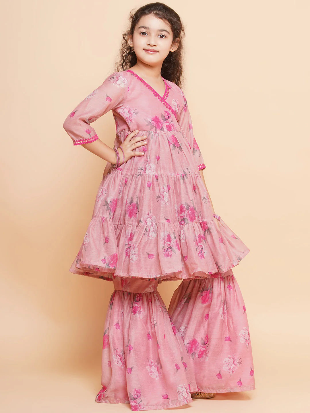 Girls Pink Printed Angrakha Kurta with Sharara