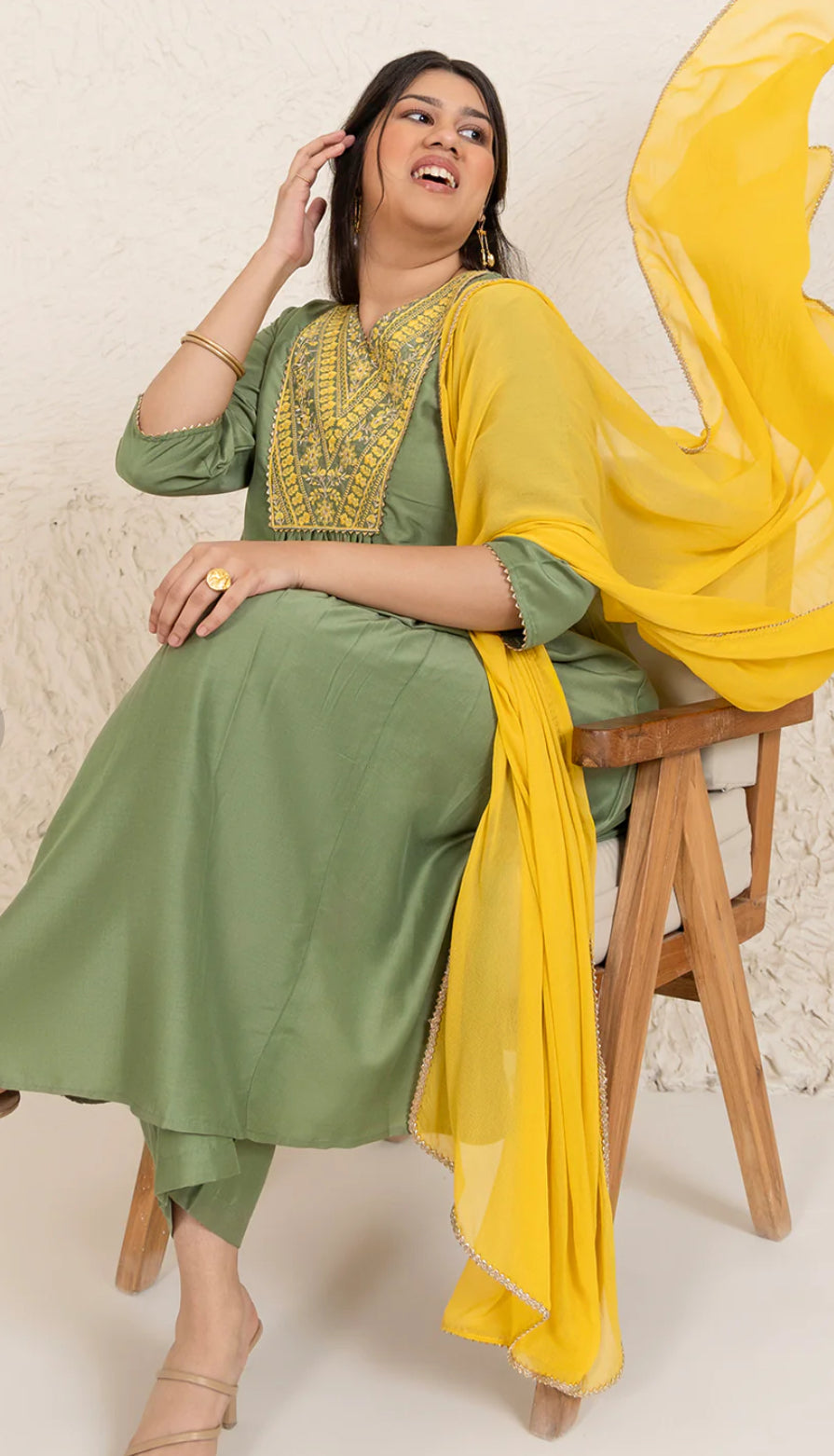 Olive Chinnon Yoke Embroidery Panelled Kurta Set