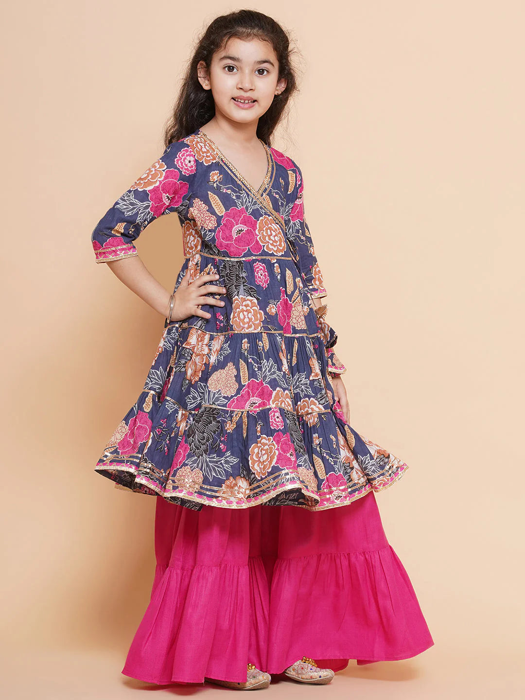 Girls pink Floral Printed Angrakha Gotta Patti Kurta With Sharara