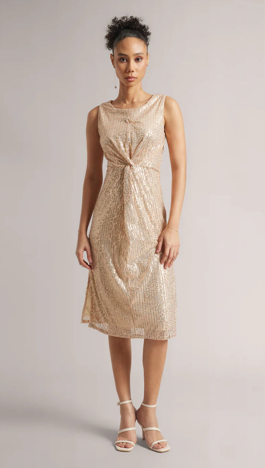 Champagne Poly Elastane Sequined A-Line Dress