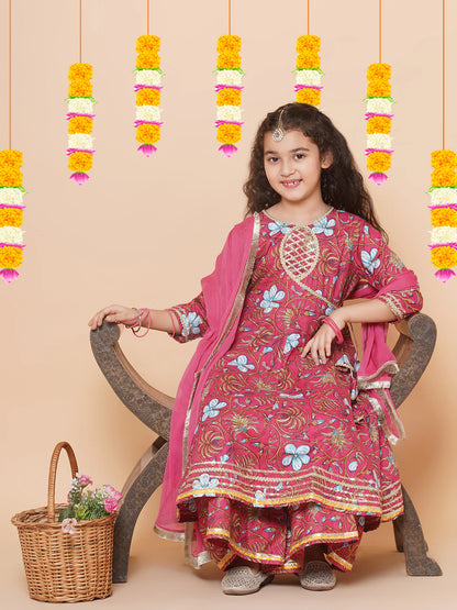 Girls Peach Floral Printed Angrakha Gotta Patti Kurta & Sharara set With Dupatta