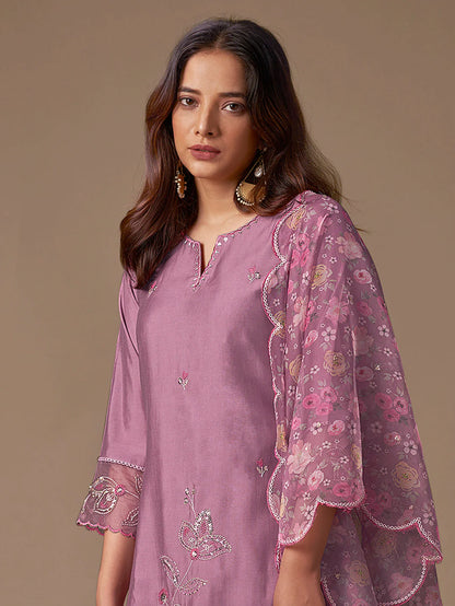 Lavender Embroidered Straight Kurta Trousers With Dupatta Set