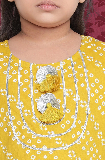 Girls Yellow Bandhani Printed A-Line Kurta with Sharara