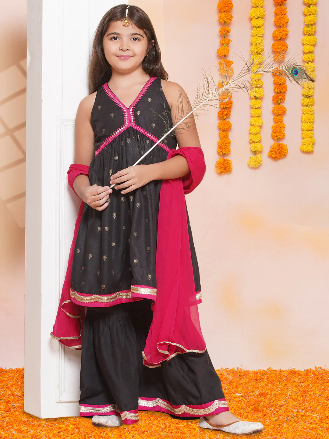 Girls Black Gold Ethnic motifs Printed Alia Design Kurta With Sharara & Dupatta