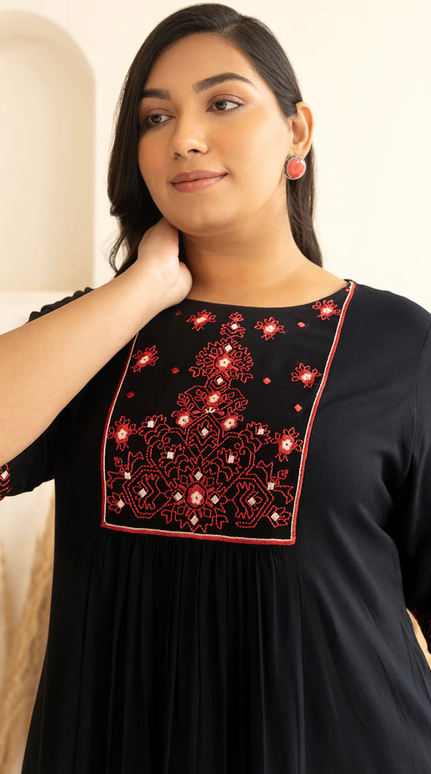 Plus Size Black Rayon Yoke Embroidered A-line kurta