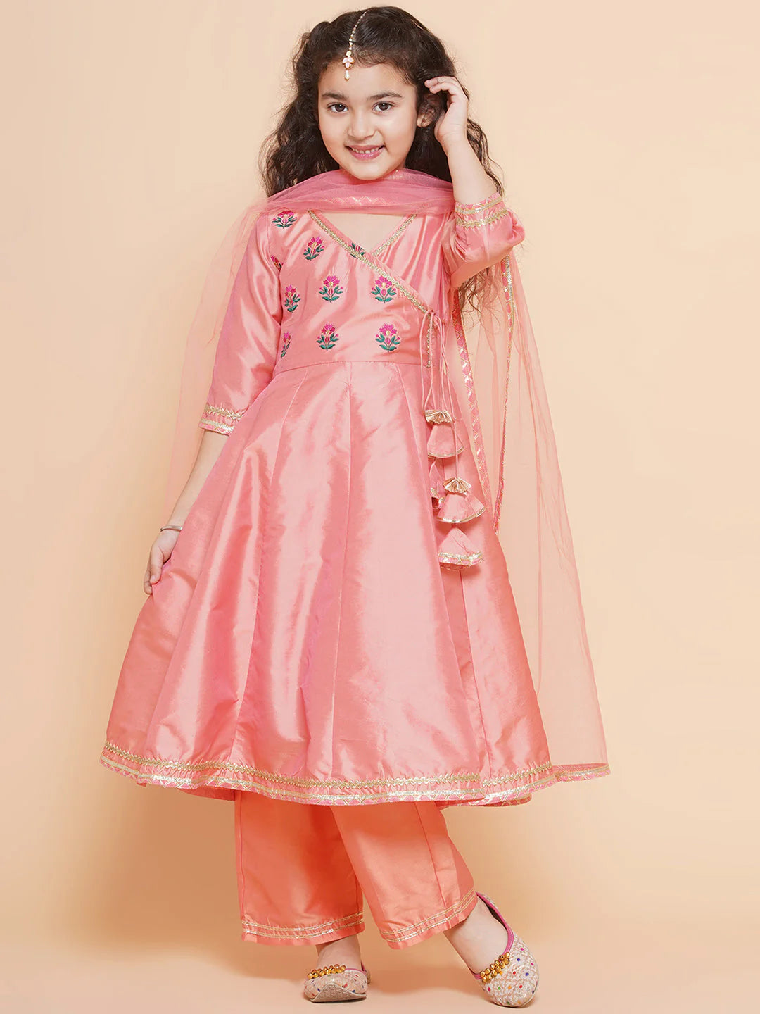 Girls Embroidered Angrakha Kurta with Trousers & Dupatta