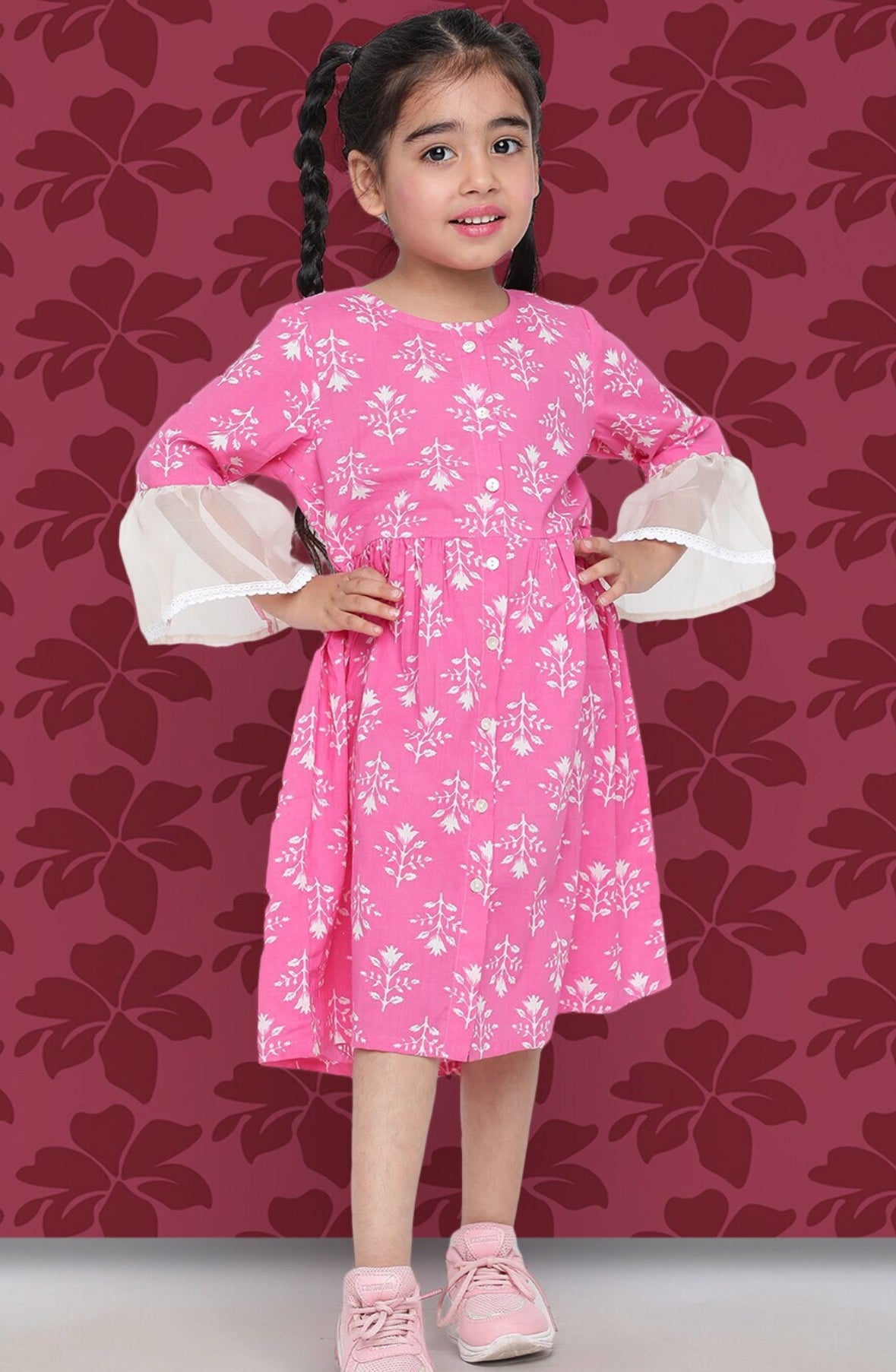 Girls Pink Floral Printed Bell Sleeve Cotton A-Line Dress