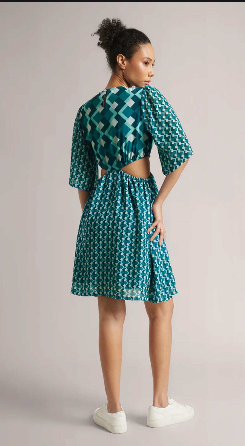 Teal Georgette Geometric Side Cut-Out Dress