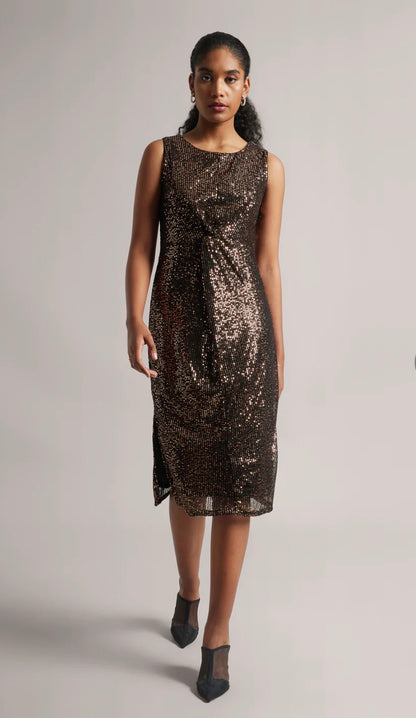 Black Poly Elastane Sequined A-Line Dress