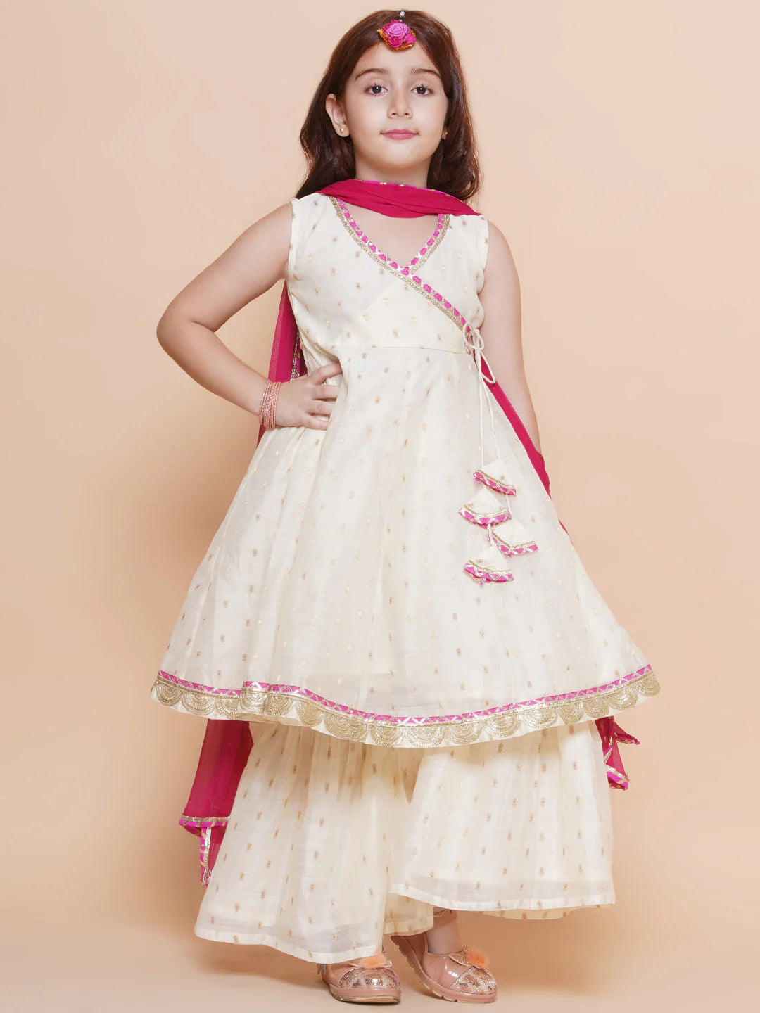 Girls Off white Booti Angrakha Gotta Patti Kurta & Sharara set With Dupatta