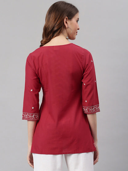 Women's Maroon Cotton Embroidered Trapeze Tunic