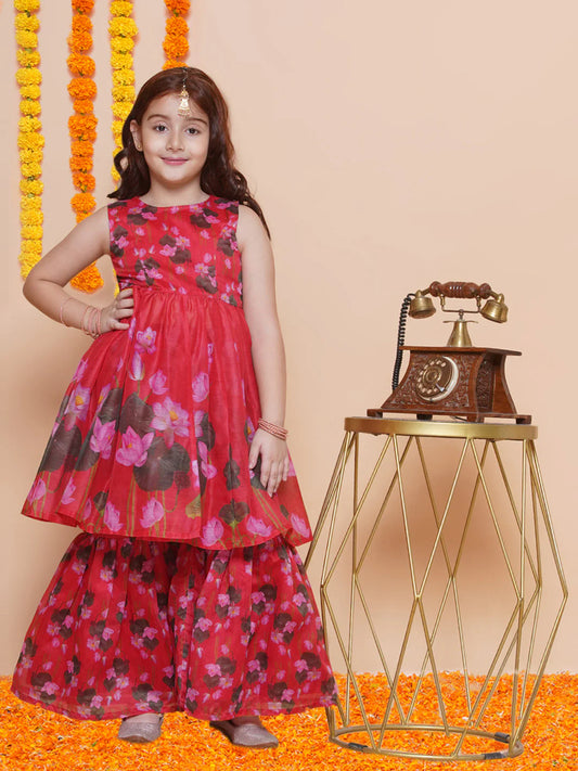 Girls Red Floral Printed Kurta With Sharara