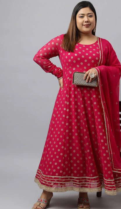 Bright Pink Georgette Foil Print Kurta with Dupatta