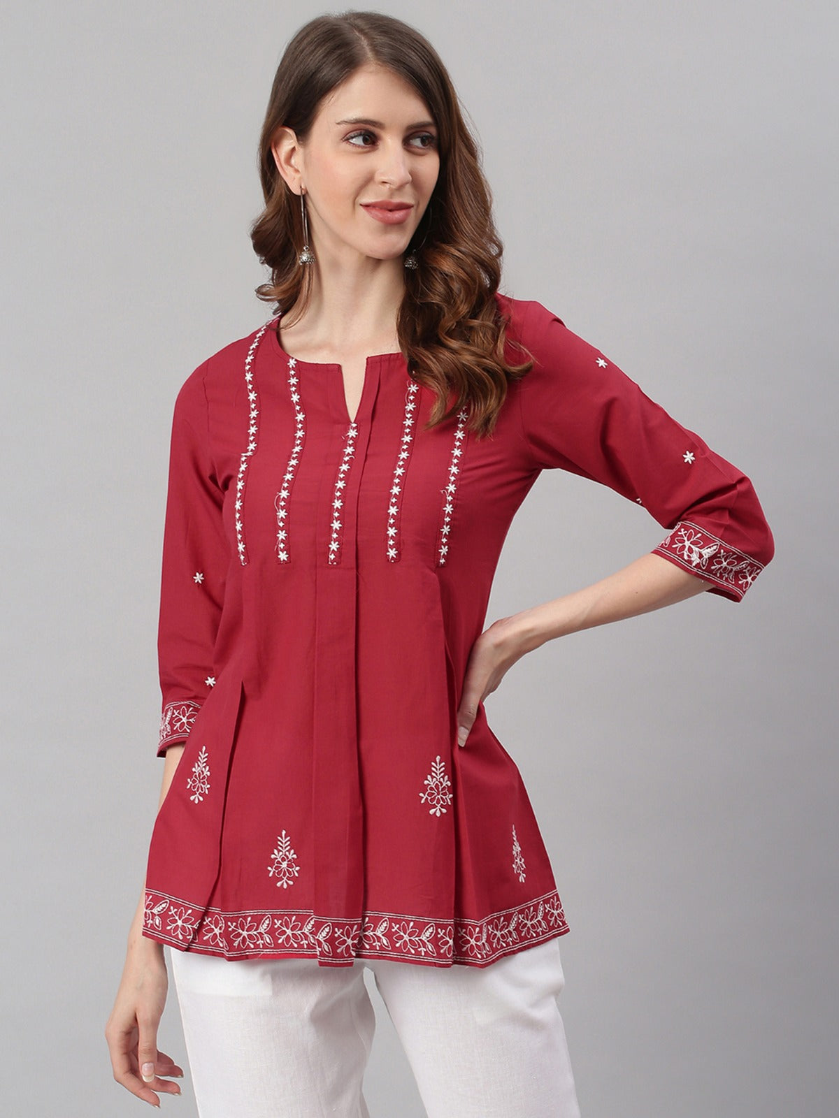 Women's Maroon Cotton Embroidered Trapeze Tunic