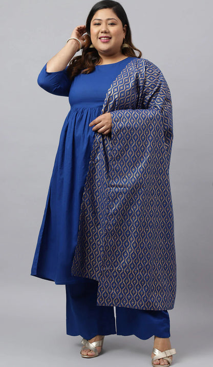 Blue Cotton Solid Kurta with Palazzo and Dupatta