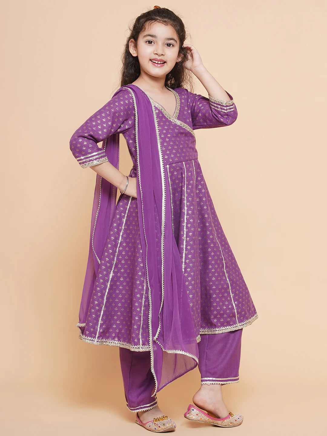 Girls Purple Ethnic Motifs foil Printed Angrakha Kurta with Trouser & Dupatta