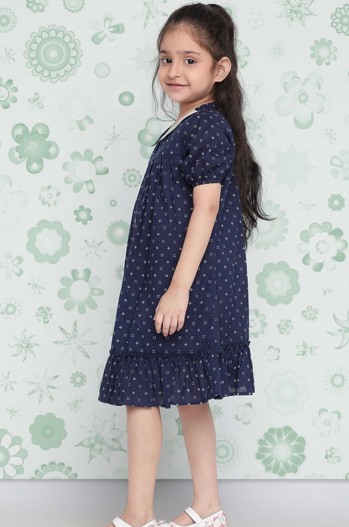 Girls Navy Blue Polka Dot Printed Cotton Ruffled Drop-Waist Dress