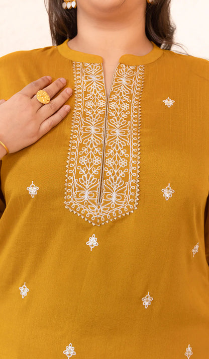 Plus Size Mustard Crepe Silk Embroidered Straight kurta