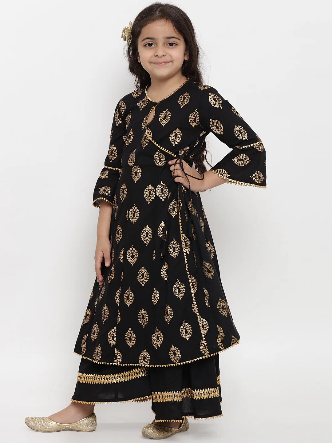 Girls Black Foil Printed Angrakha Kurta With Palazzos