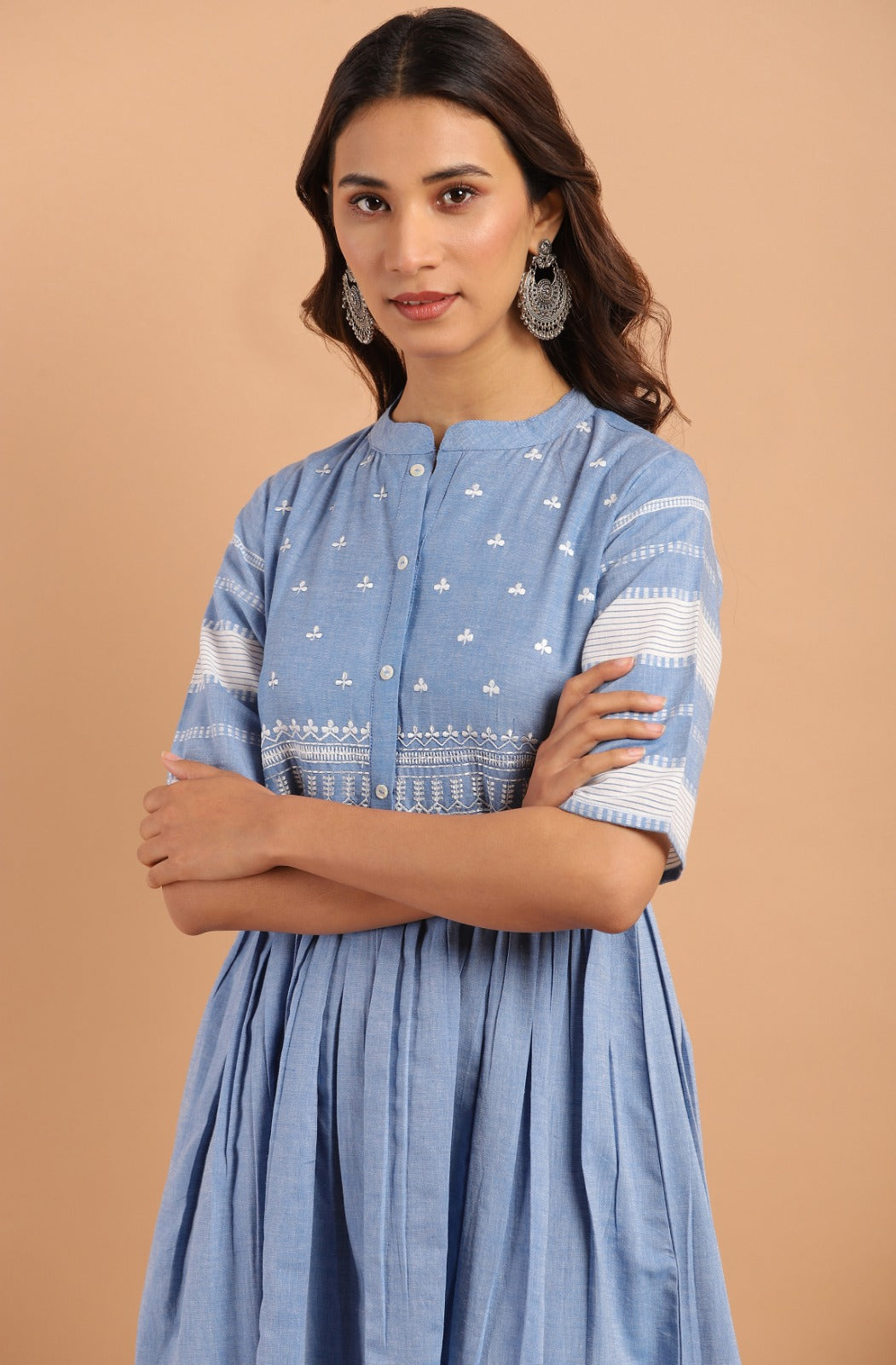 Women's Blue Cotton Floral Flared Western Dress