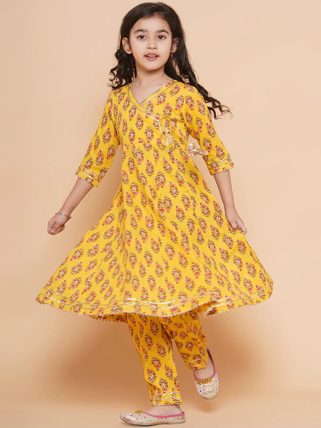 Yellow Printed Kurta With Trousers