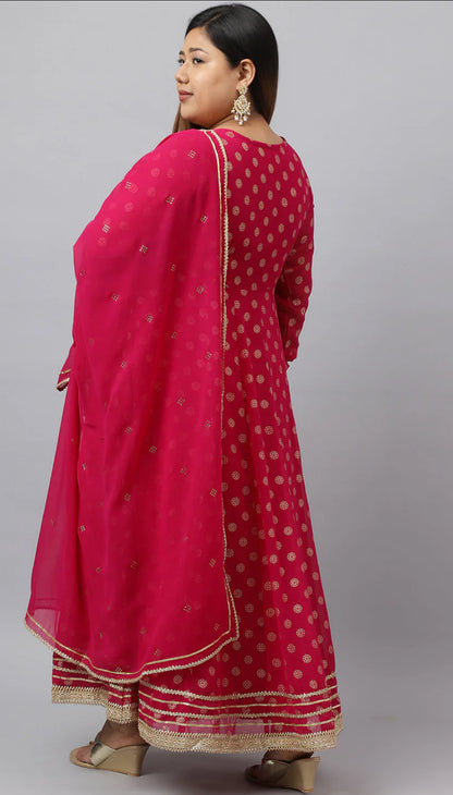 Bright Pink Georgette Foil Print Kurta with Dupatta