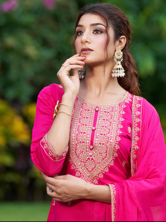 Pink Embroidered Straight Kurta Trousers With Dupatta Set