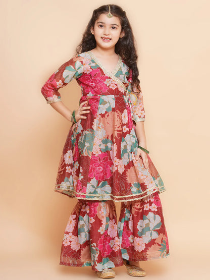 Girls Maroon Multi Printed Angrakha Kurta with Sharara & Dupatta