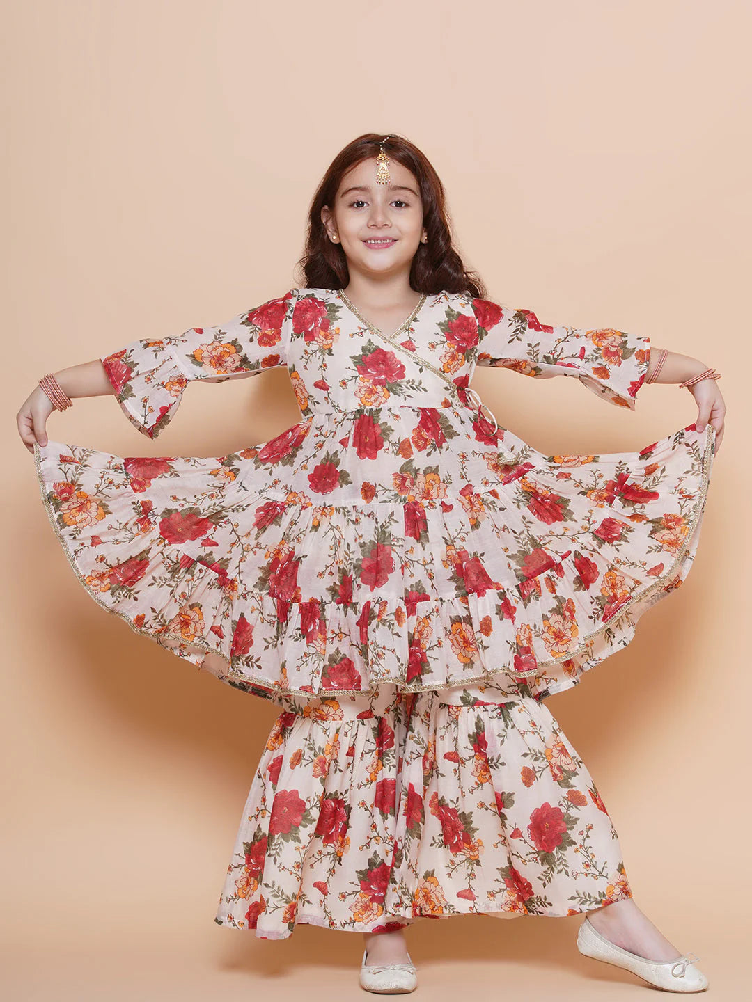 Girls Off white red Printed Angrakha Kurta with Sharara