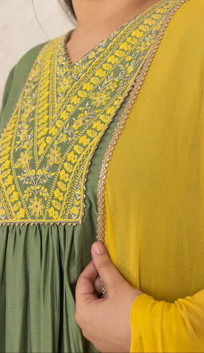 Olive Chinnon Yoke Embroidery Panelled Kurta Set