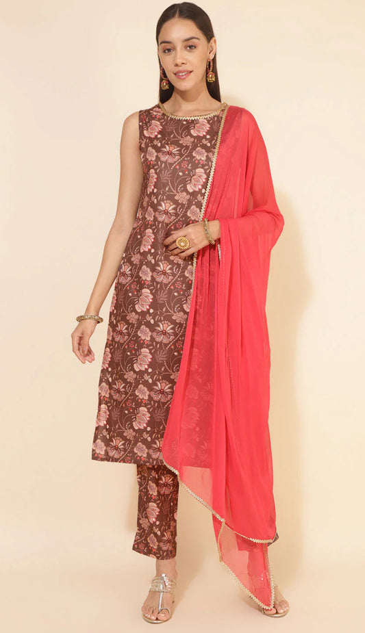 Brown Crepe Digital Floral Printed Kurta with Pant and Dupatta