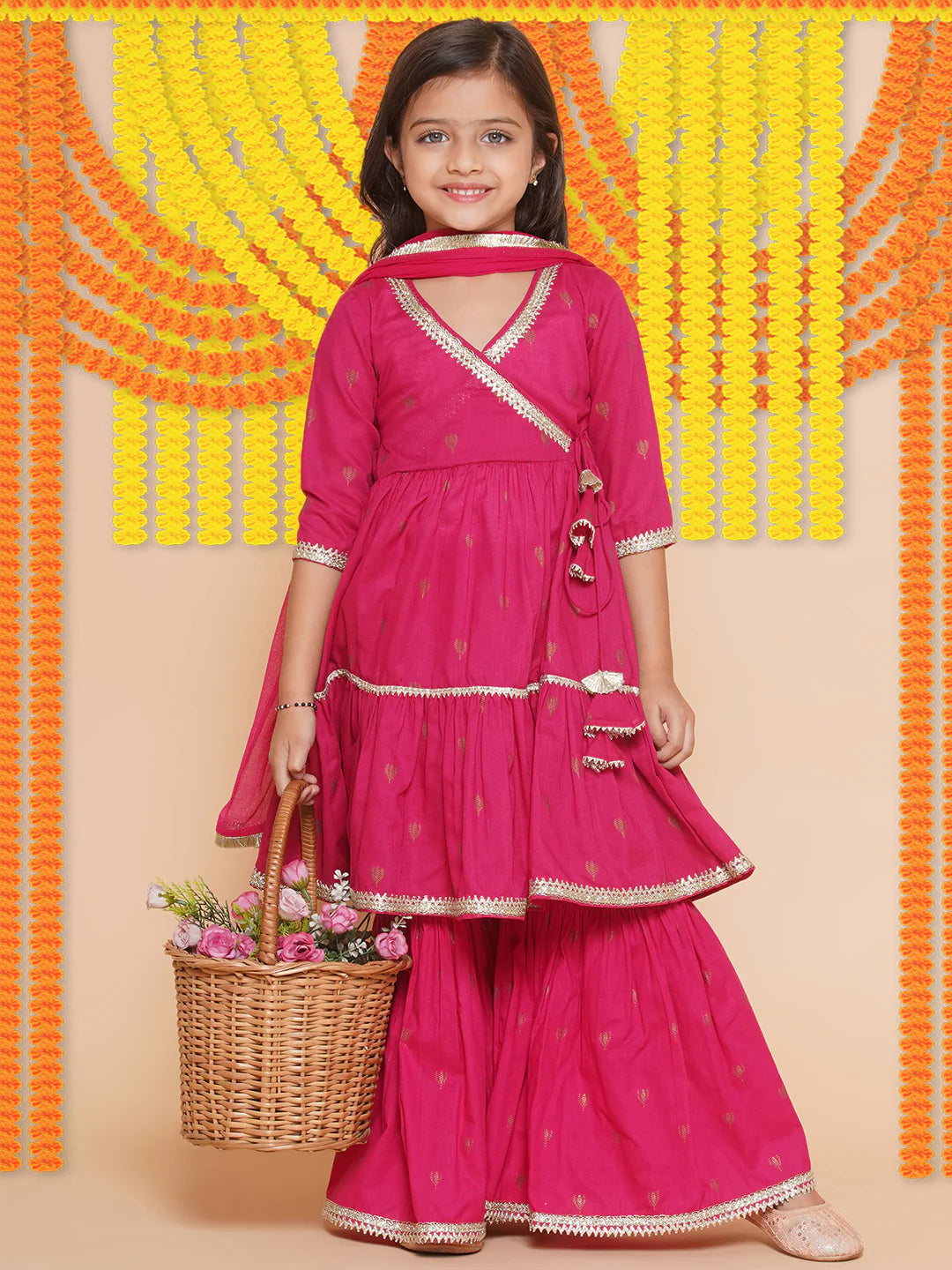 Girls pink Ethnic Motifs Printed Angrakha Gotta Patti Kurta With Sharara & Dupatta