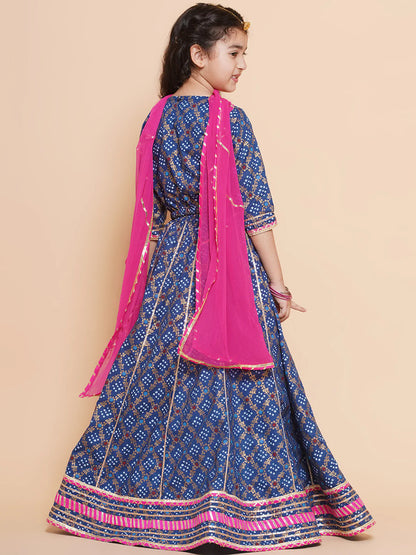 Girls Blue & Pink Printed Ready To Wear Lehenga & Blouse With Dupatta