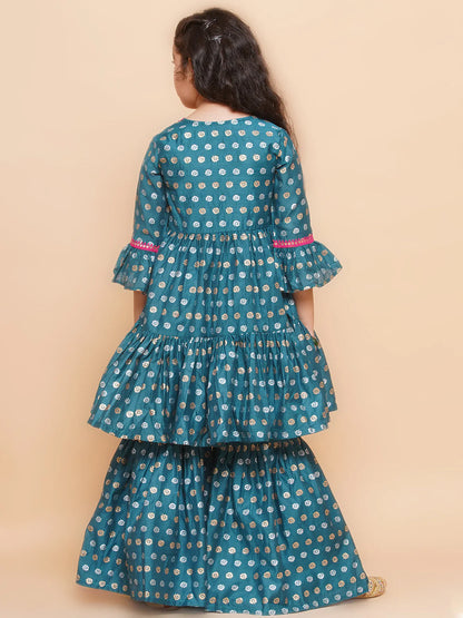 Girls Teal Blue Printed V-Neck Kurta with Sharara