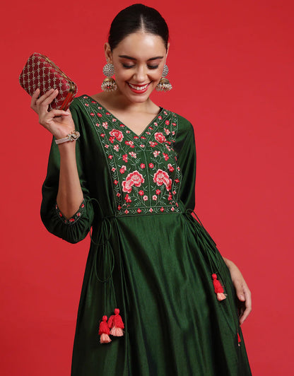 Green Embroidered A-Line Kurta Trousers Set