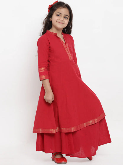 Girls Red Pure Cotton Kurti with Palazzos