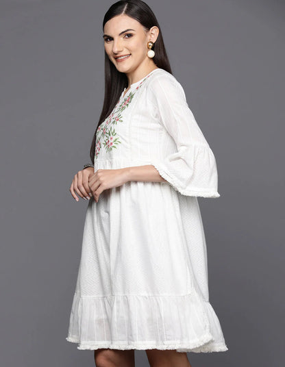 White Floral & Chevron Embroidered Gathered Detail A-Line Dress