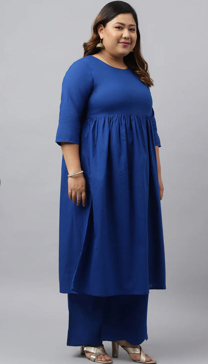 Blue Cotton Solid Kurta with Palazzo and Dupatta