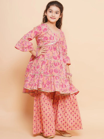 Girls Peach Printed V- Neck Kurta with Sharara