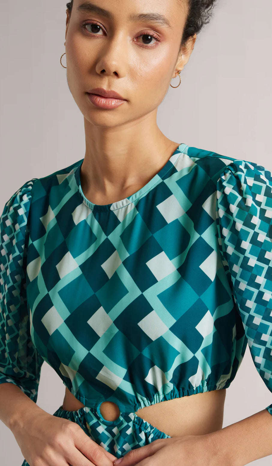 Teal Georgette Geometric Side Cut-Out Dress