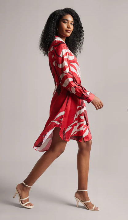 Red Satin Abstract Button Down Dress